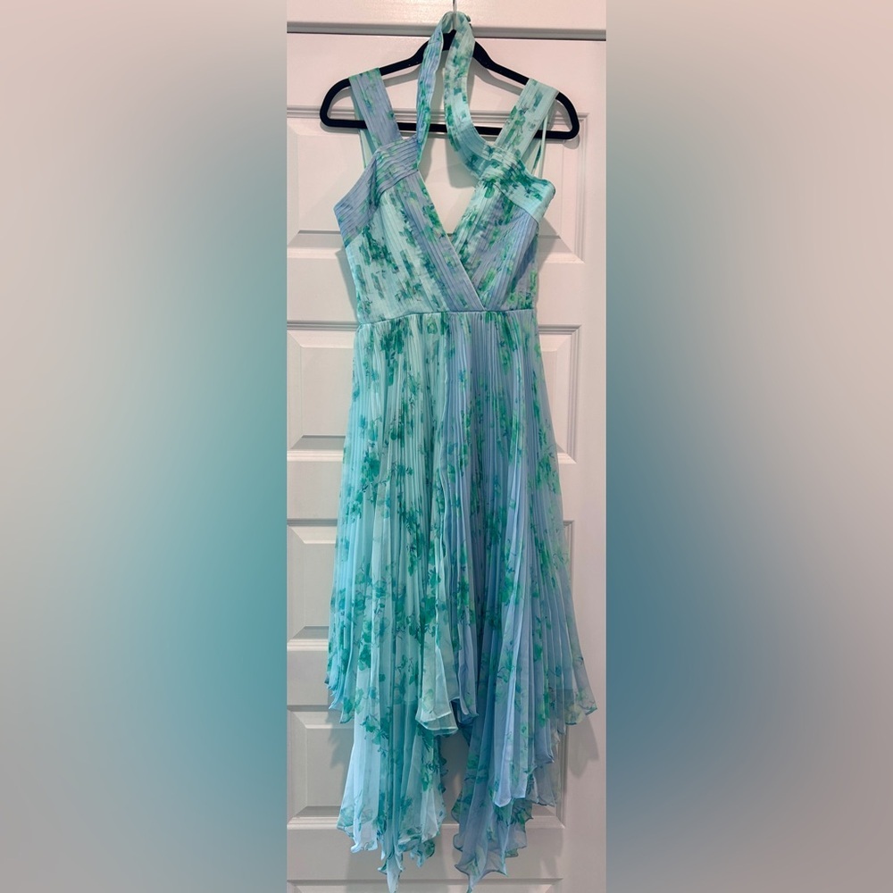 THEIA Pleated Chiffon Dress Blue Green Watercolor Halter Midi 4 Wedding Guest